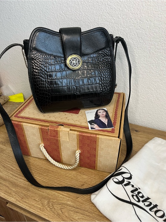 Brighton Handbags - NOS Vintage Brighton Poppy Black Croc Embossed Leather Shoulder Bag H3053 NWOT